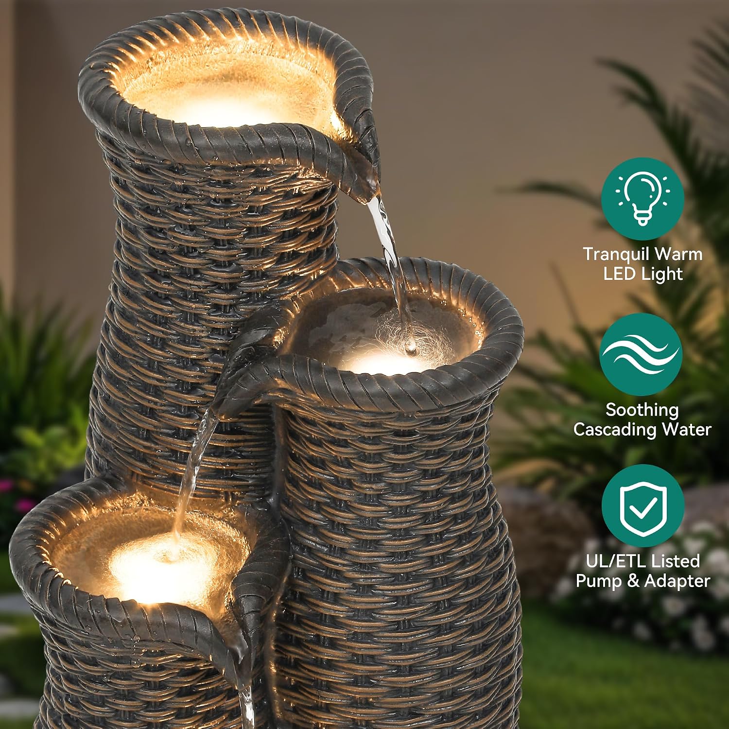 33' H Outdoor Water Fountain with LED Lights, Faux Rattan Vase Water Feature with 5-Tier Cascading Waterfall, Durable Polyresin Decor for Tranquil Oasis in Garden, Patio, Yard