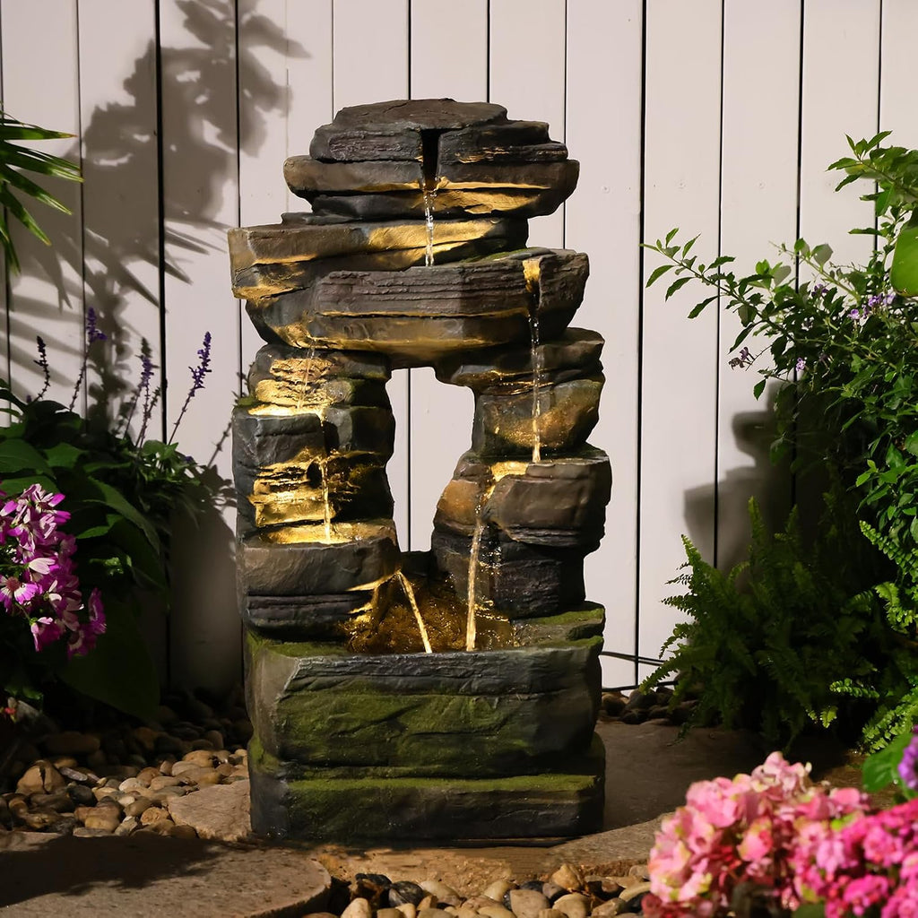 26.4' Outdoor Water Fountain with LED Lights, Stacked Rock Waterfall Fountain, Resin Garden Water Feature for Arch Design, Freestanding Patio, Yard