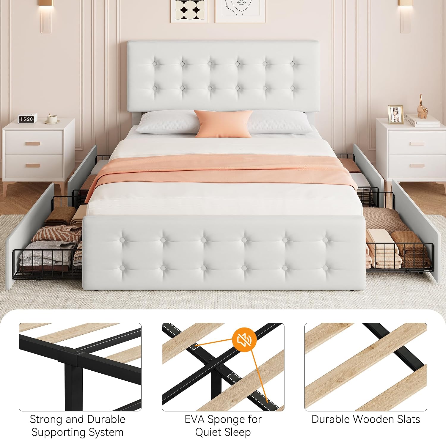 IDEALHOUSE Queen Size Bed Frame with 4 Storage Drawers and Headboard, Faux Leather Upholstered Platform Bed Frame with Wooden Slats Support, Button Tufted Design, No Box Spring Needed, Beige