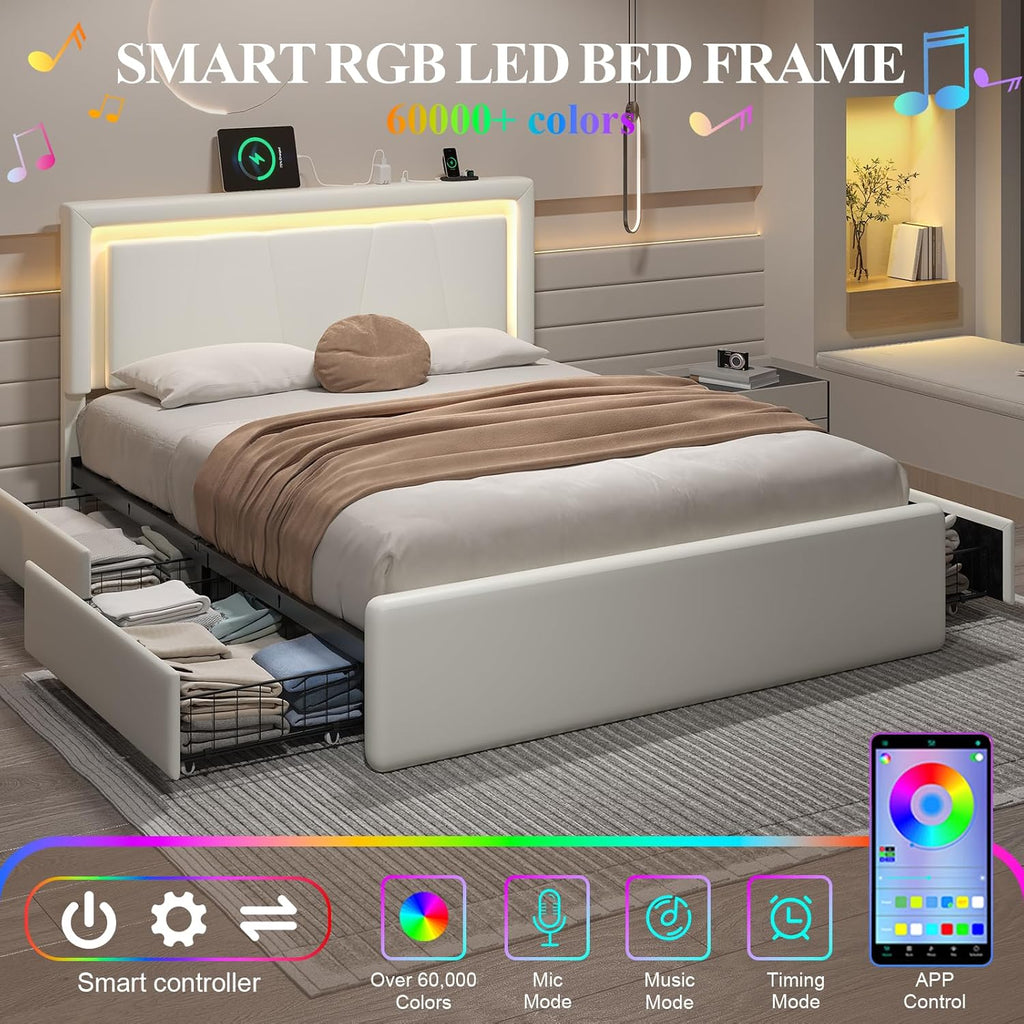 LoVinson Full Size Bed Frame with 4 Storage Drawers, Charging Station and LED Light, Adjustable Upholstered Headboard, Noise-Free, No Box Spring Needed, Easy Assembly, White