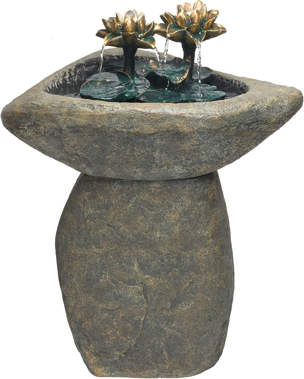 Alpine Corporation USA1393 Outdoor Floor Vintage Pedestal Lotus Rock Water Fountain, Soothing Pedestal Waterfall, 30', Brown