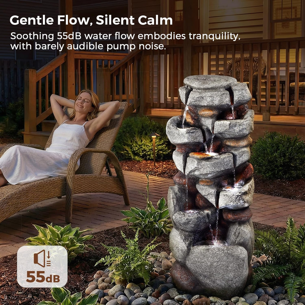 40' H Outdoor Water Fountain, Cascading Rock Waterfall Fountain with 6 White LED Lights, 7-Tiers Large Water Feature for Outdoor, Garden Water Fountain for Patio, Yark, Deck, Porch, Home Decor