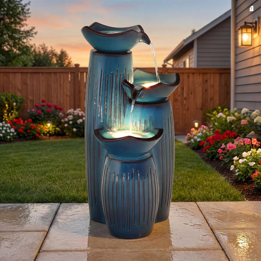 30' H Ceramic Outdoor Water Fountain with LED Lights, 3-Tier Cascading Lotus Bowls Water Feature, Soothing Cascading Waterfall for Garden, Patio, Yard, Turquoise Vertical Striped Texture