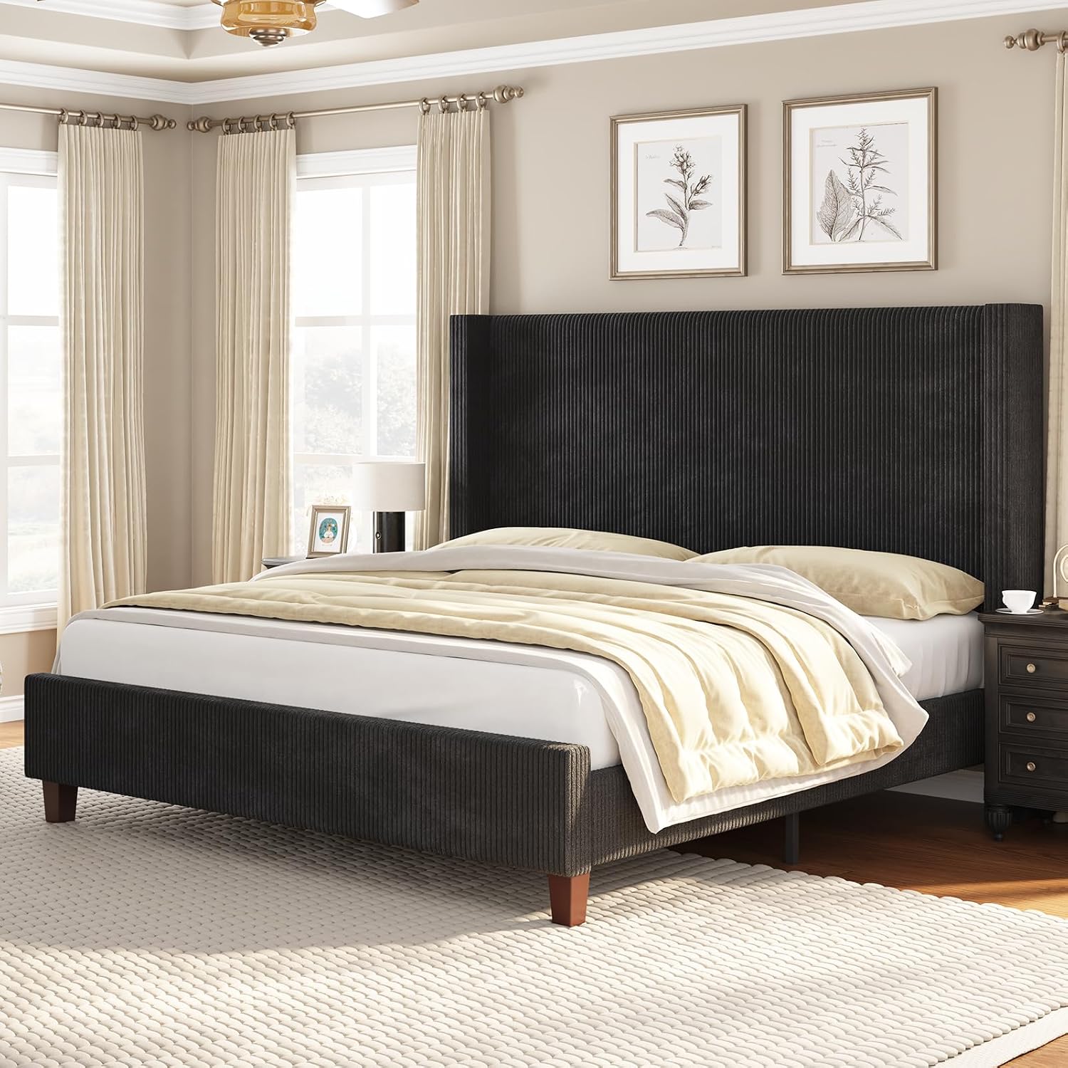 VanAcc Queen Size Platform Bed Frame, 50.8' Corduroy Upholstered Bed with Vertical Channel Tufted Headboard/Wooden Slats/Wingback/No Box Spring Required/Black