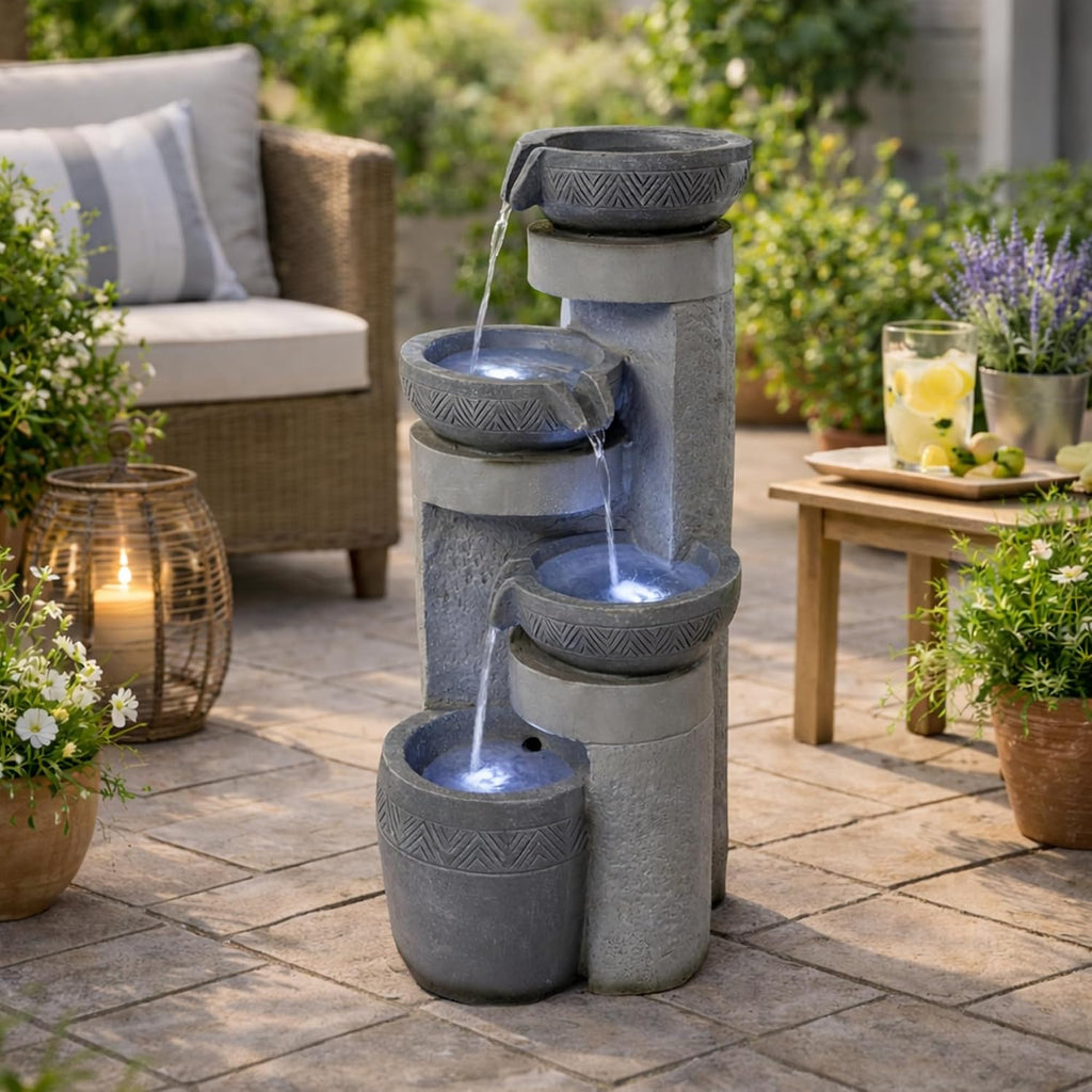 28' Outdoor Water Fountain with Led Lights, 4-Tiered Owl & Calla Lil Water Fountain, Outdoor Garden Waterfall Decor for Garden, Patio, Courtyard (32' Modern Pottery)