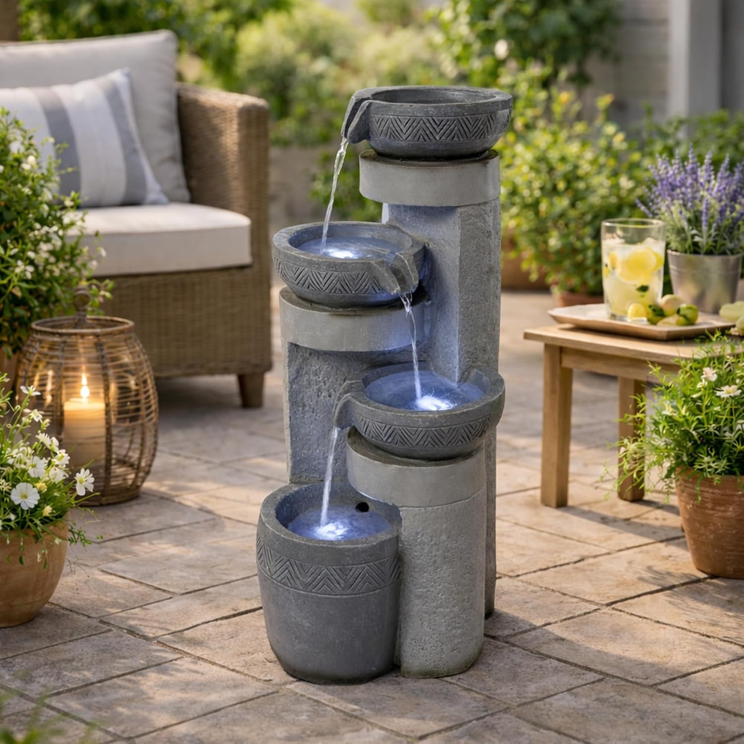 28' Outdoor Water Fountain with Led Lights, 4-Tiered Owl & Calla Lil Water Fountain, Outdoor Garden Waterfall Decor for Garden, Patio, Courtyard (32' Modern Pottery)