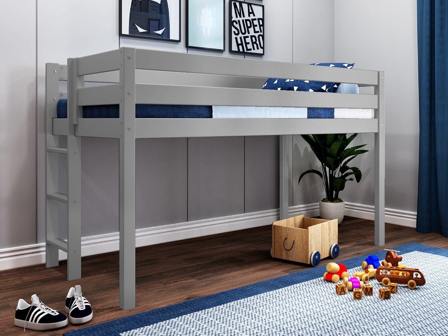 JACKPOT! Contemporary Low Loft Twin Bed with End Ladder, Gray with Blue & White Tent