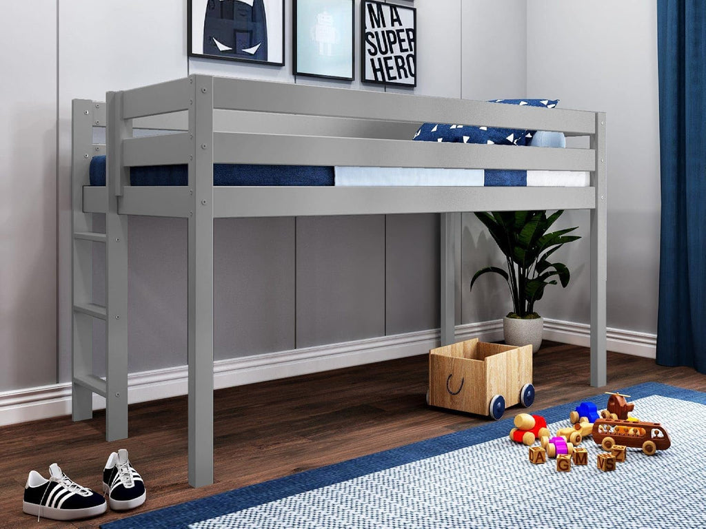 Jackpot! Contemporary Low Loft Twin Bed with End Ladder, Gray with Gray & White Tent