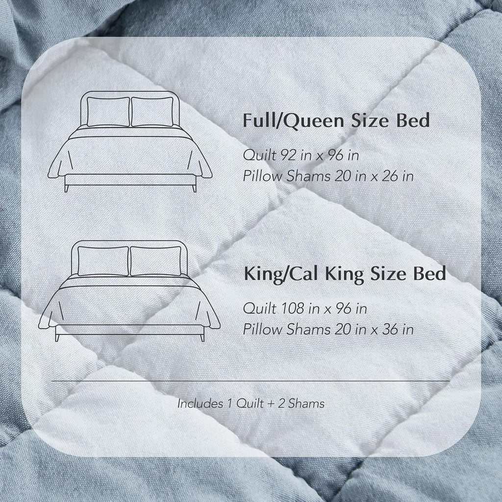EVERGRACEHOME Stonewashed Cotton Quilt Set King Size, Ultra Soft Oversized Bedspread Coverlet Set, Lightweight Crinkle Box Stitch Bedding Sets for All Season, with 2 Matching Shams, Blue Linen