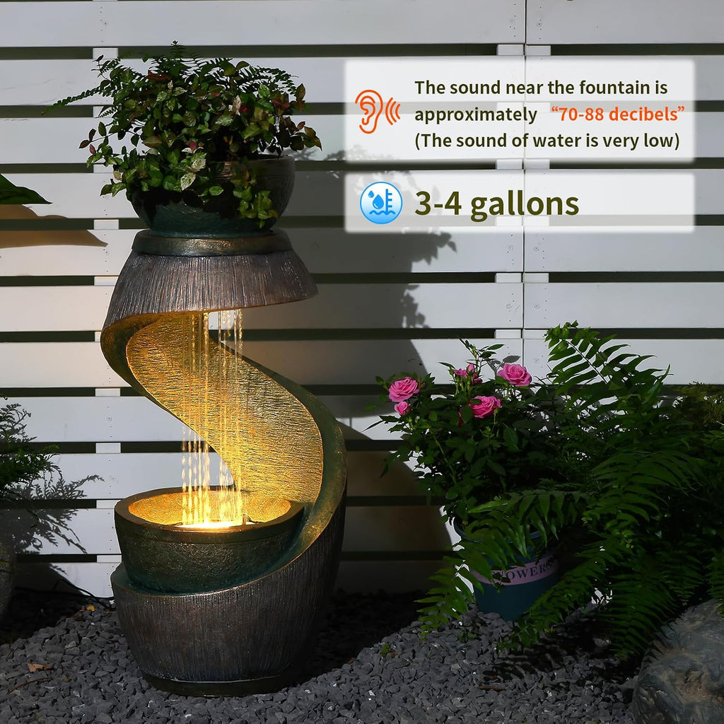 31.9' Outdoor Water Fountain with Lights – S-Shaped Water Feature Outdoor Modern Resin Waterfall Feature with Bowl Planter, Decorative Garden Fountain for Patio Balcony Porch Yard, Gold
