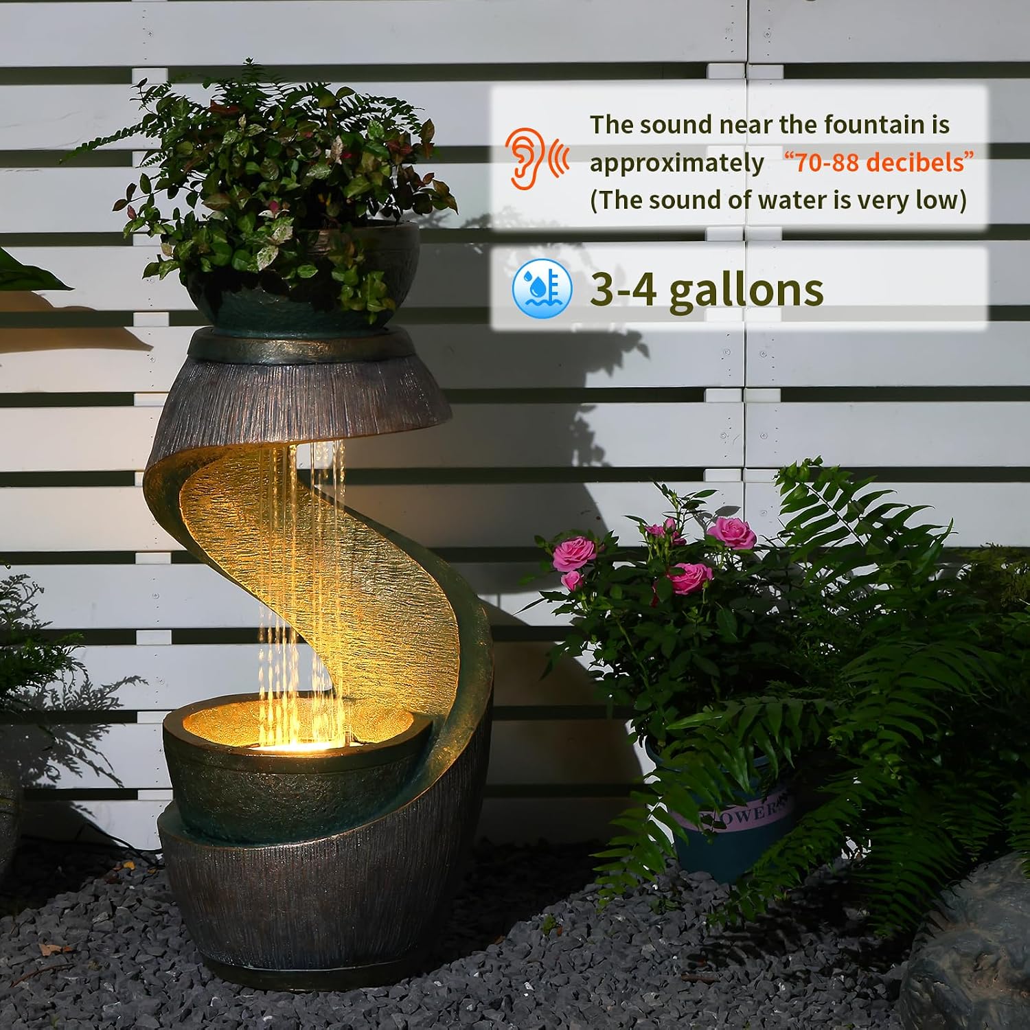 31.9' Outdoor Water Fountain with Lights – S-Shaped Water Feature Outdoor Modern Resin Waterfall Feature with Bowl Planter, Decorative Garden Fountain for Patio Balcony Porch Yard, Gold