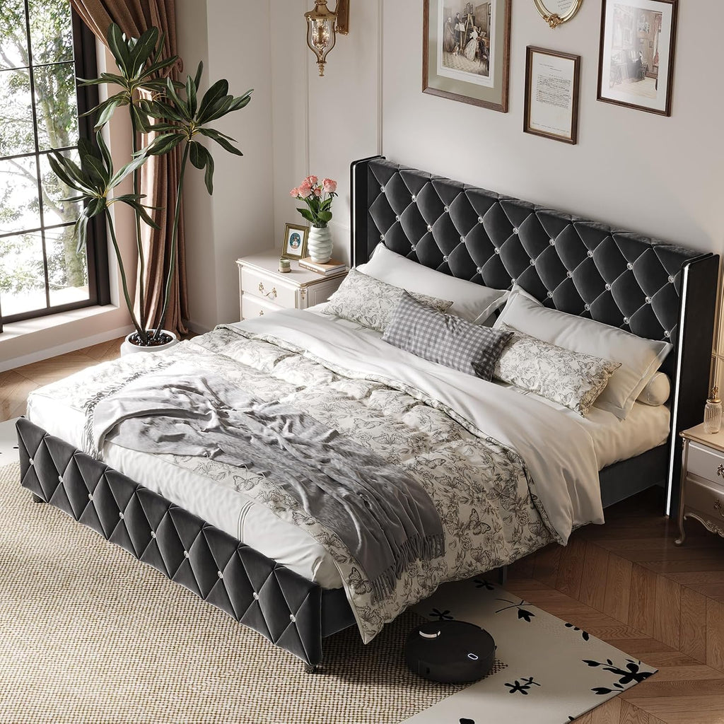 HOMBCK King Size Bed Frame Black, Velvet Upholstered Bed Frame King with Diamonds Tufted Headboard and Footboard, Wooden Slats Support, No Box Spring Needed, Easy Assembly, Black