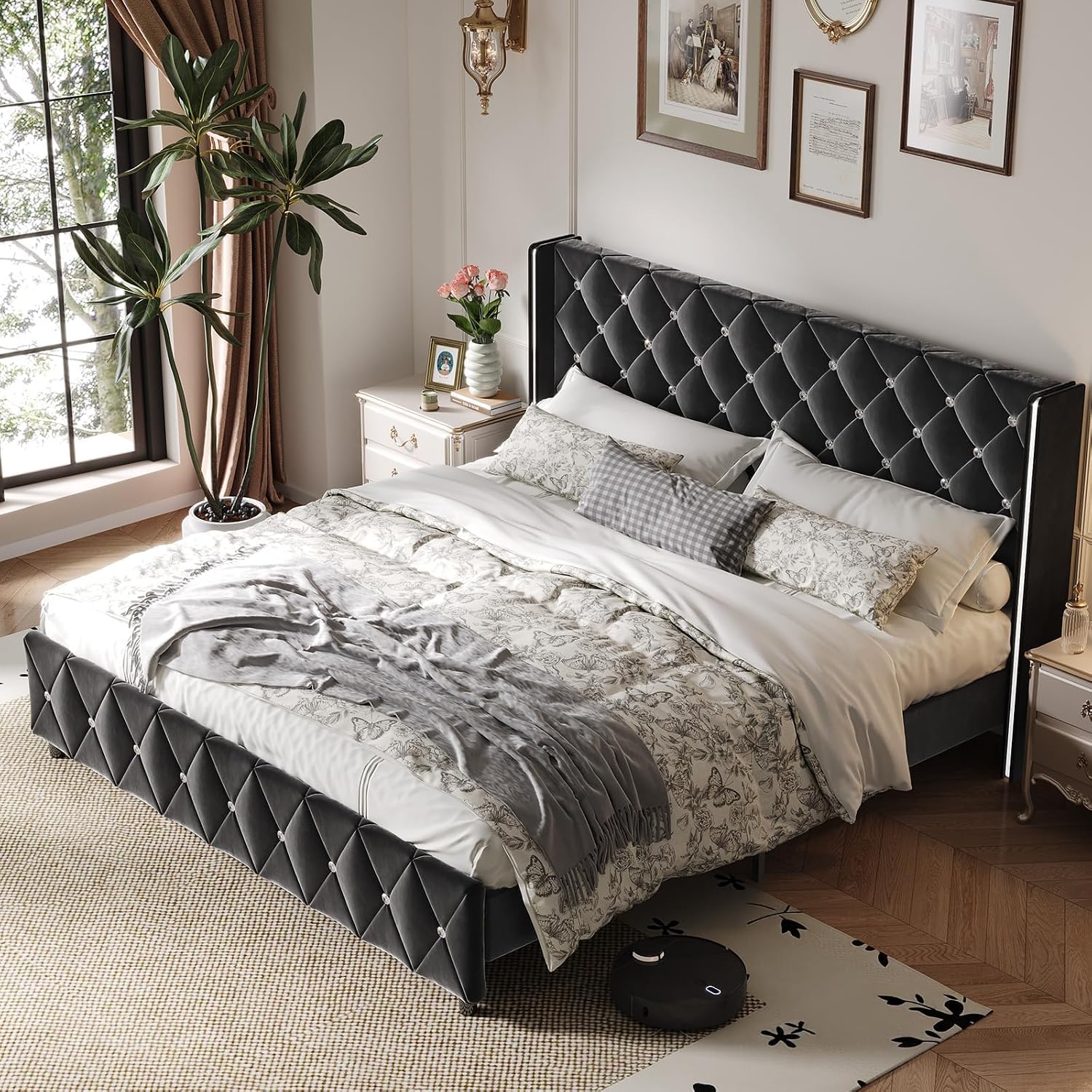 HOMBCK King Size Bed Frame Black, Velvet Upholstered Bed Frame King with Diamonds Tufted Headboard and Footboard, Wooden Slats Support, No Box Spring Needed, Easy Assembly, Black