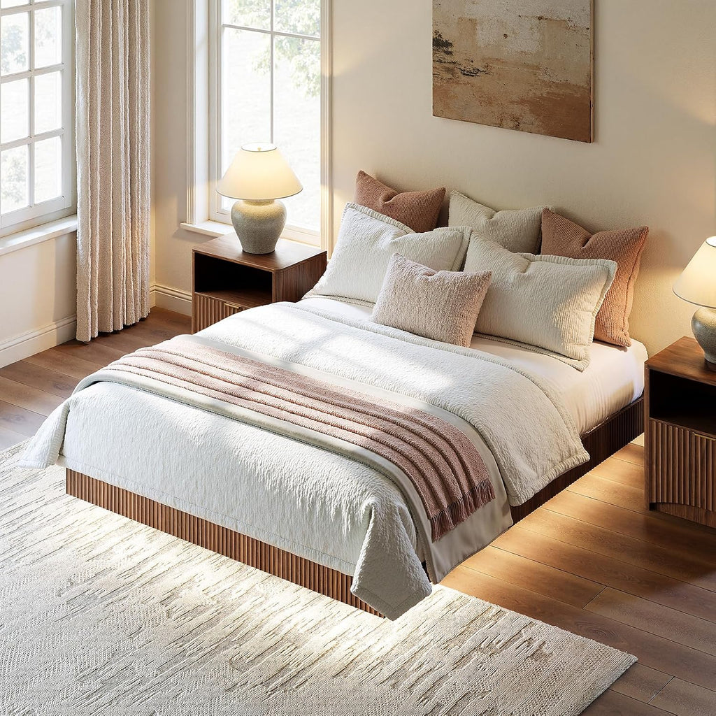 Evermagin Walnut Queen Floating Bed Frame with led Lights, Fluted 12In High Platform Bed No Headboard, Mid Century Modern Float Metal Bedframe, No Box Spring Needed (Walnut, Queen-12in high)