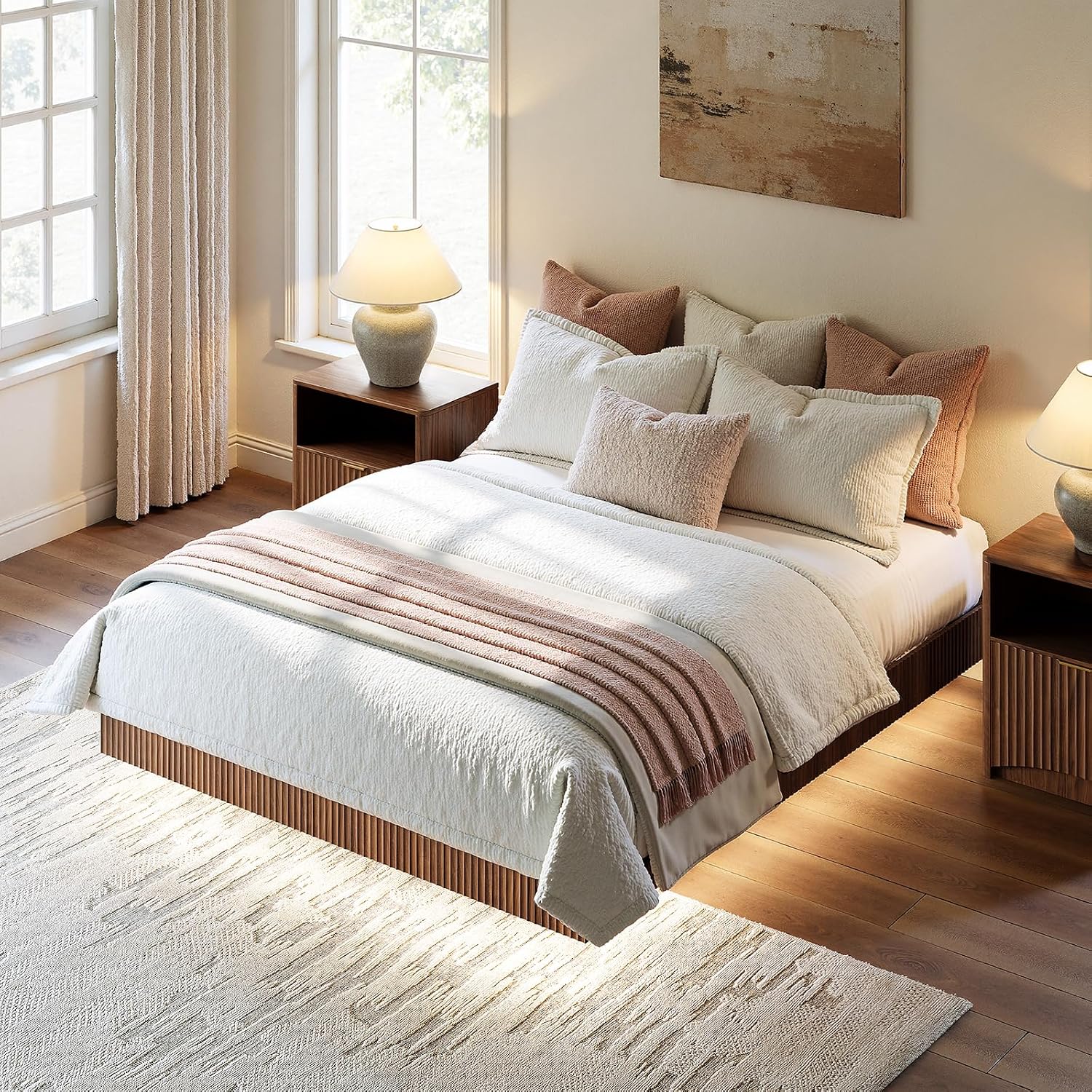 Evermagin Walnut Queen Floating Bed Frame with led Lights, Fluted 12In High Platform Bed No Headboard, Mid Century Modern Float Metal Bedframe, No Box Spring Needed (Walnut, Queen-12in high)