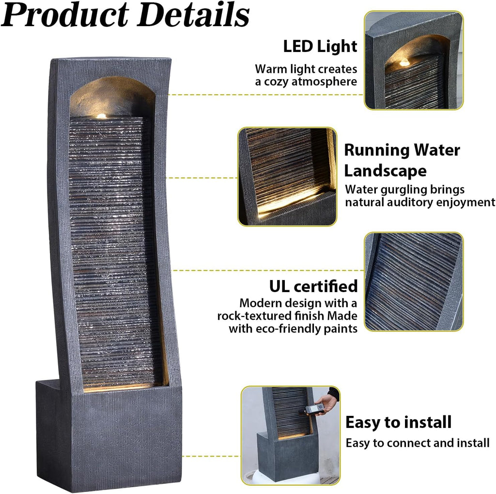 42.3' H Water Feature Outdoor Faux Slate Contemporary Waterfall Fountain Indoor for Garden, Backyard, Deck, Porch and Home Art Decor Large Outdoor Fountain with Lights