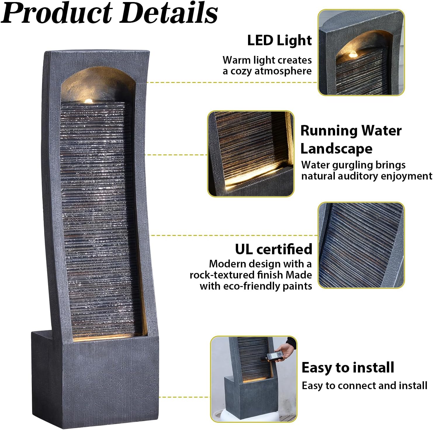 42.3' H Water Feature Outdoor Faux Slate Contemporary Waterfall Fountain Indoor for Garden, Backyard, Deck, Porch and Home Art Decor Large Outdoor Fountain with Lights