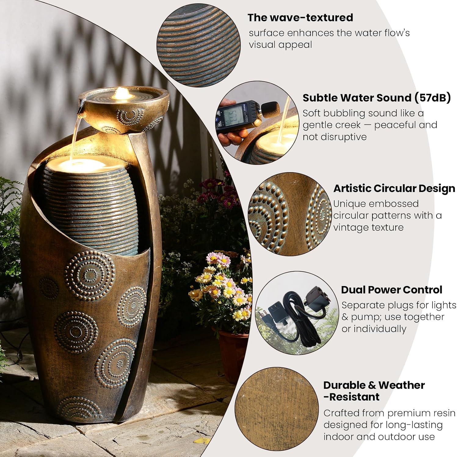 Tankana Outdoor Water Fountain Feature Indoor Garden Large Jar Floor Standing Fountains Waterfall with LED Light & Pump for Home Decor Office Yard Patio Deck Porch, Goldish-Bronze, 32 inches