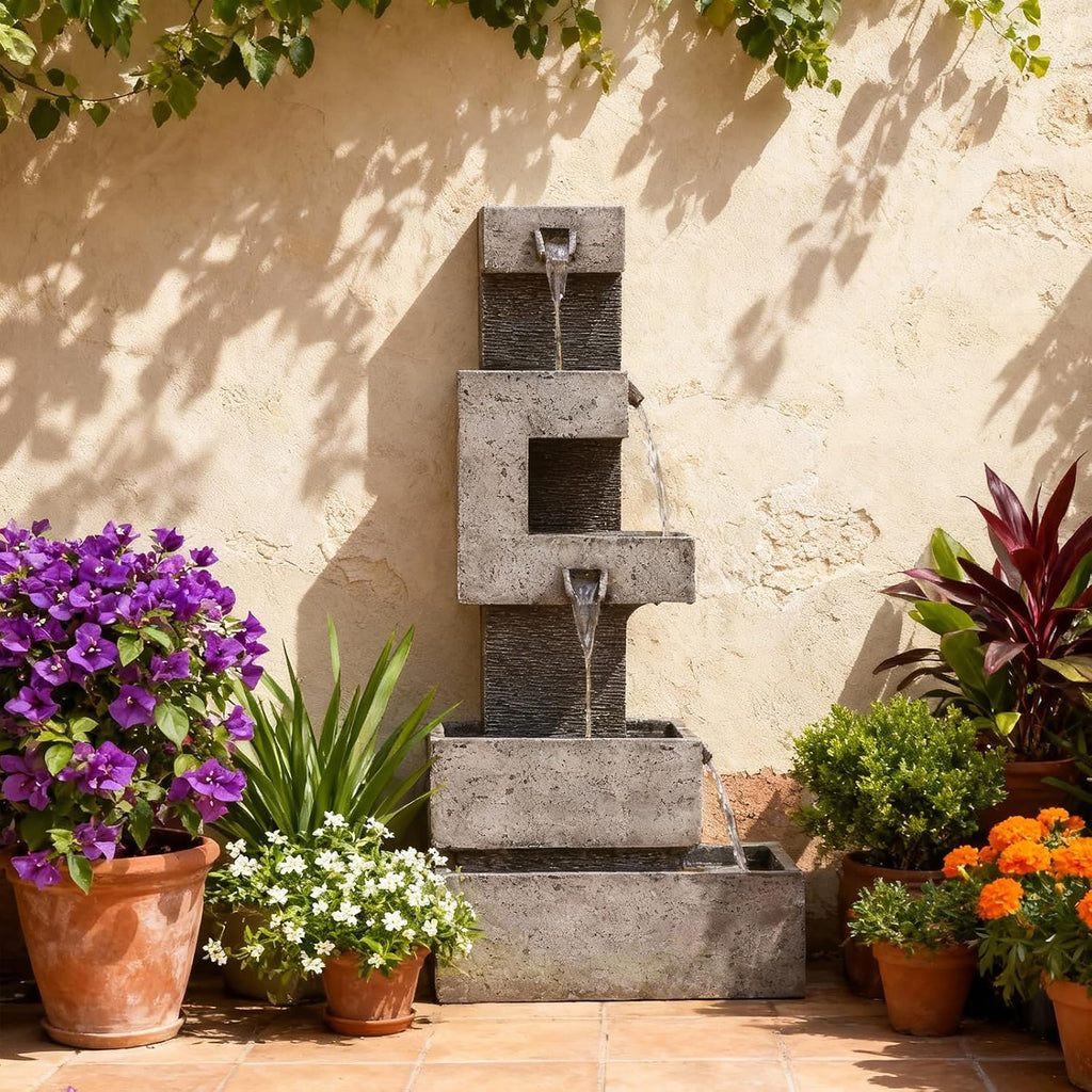 Sunlinua 48.4' H Outdoor Water Fountain with 4 Tiers Cascading Realistic Rock Waterfall Fountains with LED Lights Outdoor Water Fountain for Garden Patio Backyard Porch Home Decor