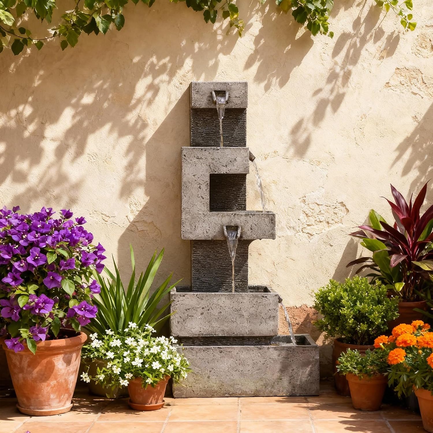 Sunlinua 48.4' H Outdoor Water Fountain with 4 Tiers Cascading Realistic Rock Waterfall Fountains with LED Lights Outdoor Water Fountain for Garden Patio Backyard Porch Home Decor