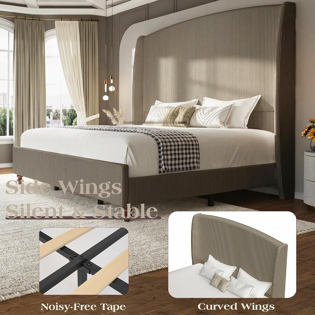 Queen Size Upholstered Bed Frame with 65.7' Tall Headboard Wingback, Soft Washable Corduroy Beds Cover, Solid Wood Legs, Noise-Free, No Box Spring Needed, Light Gray