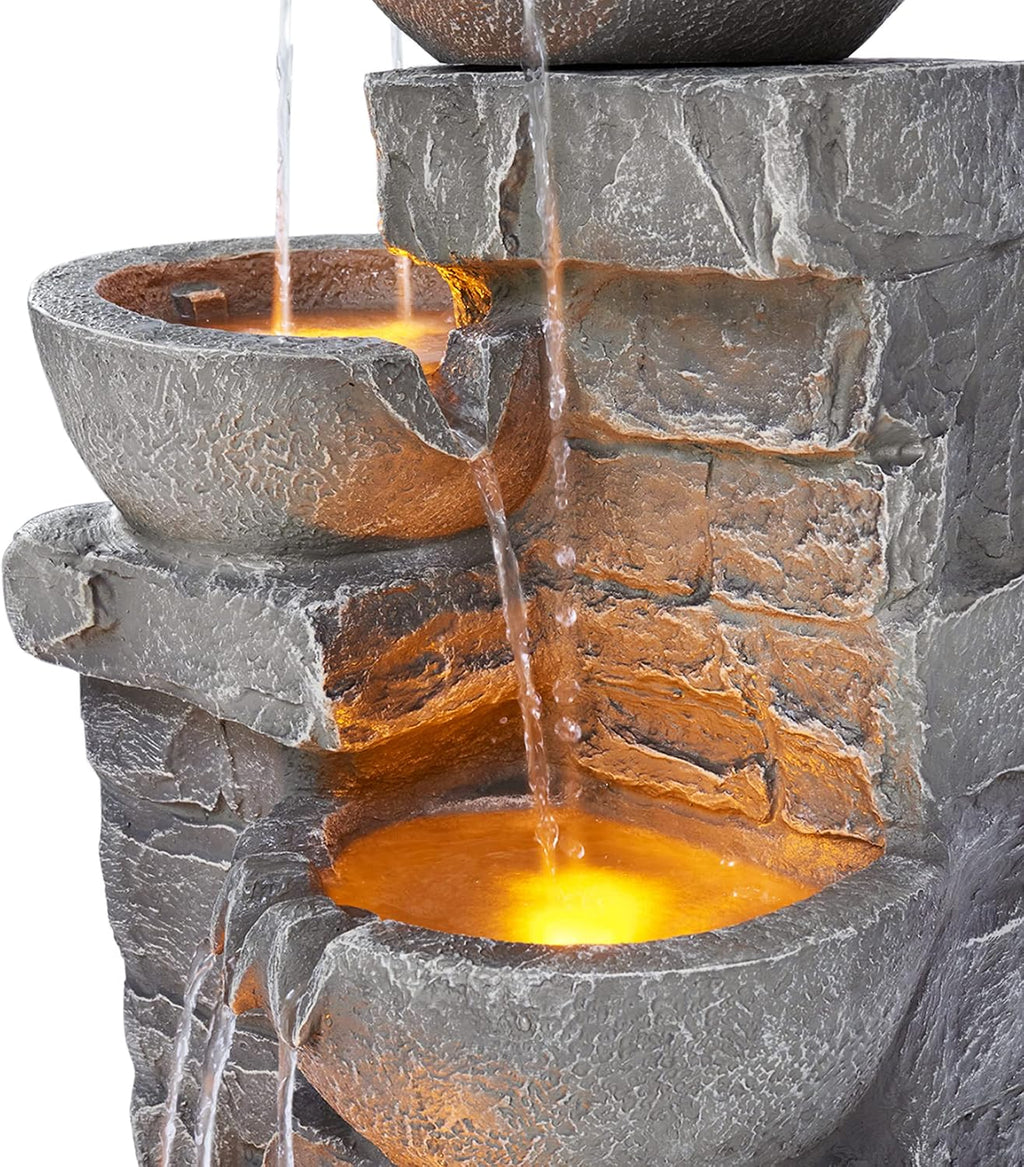 Teamson Home 33.25 in. Cascading Bowls and Stacked Stones LED Outdoor Water Fountain for Gardens, Landscaping, Patios, Balconies, and Lawns for a Calming Oasis in Outdoor Living Spaces, Stone Gray