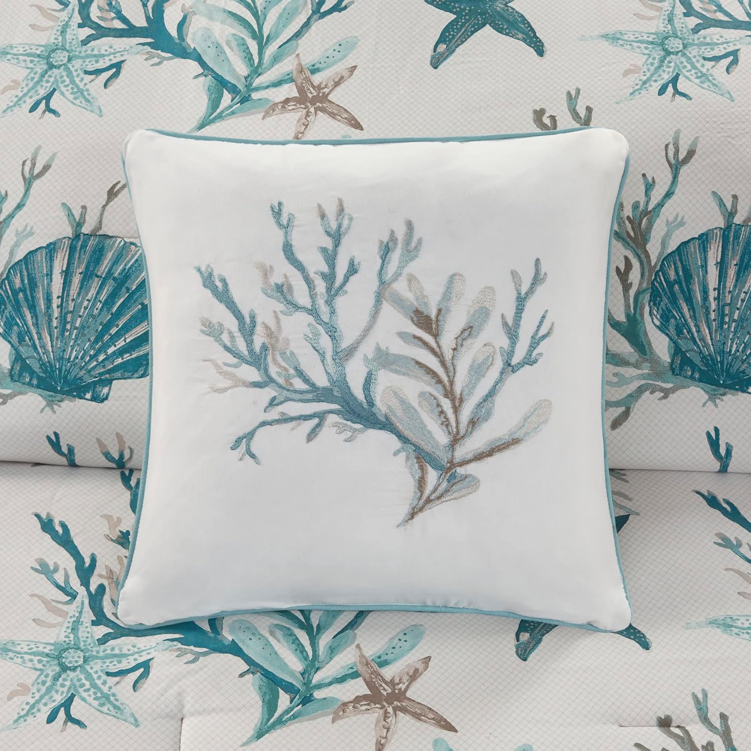 Madison Park Pebble Beach Pebble Beach 100% Cotton Comforter Set - Coastal Coral, All Season Down Alternative Cozy Bedding with Matching Shams, Decorative Pillow, Cal King(104'x92') Aqua 7 Piece