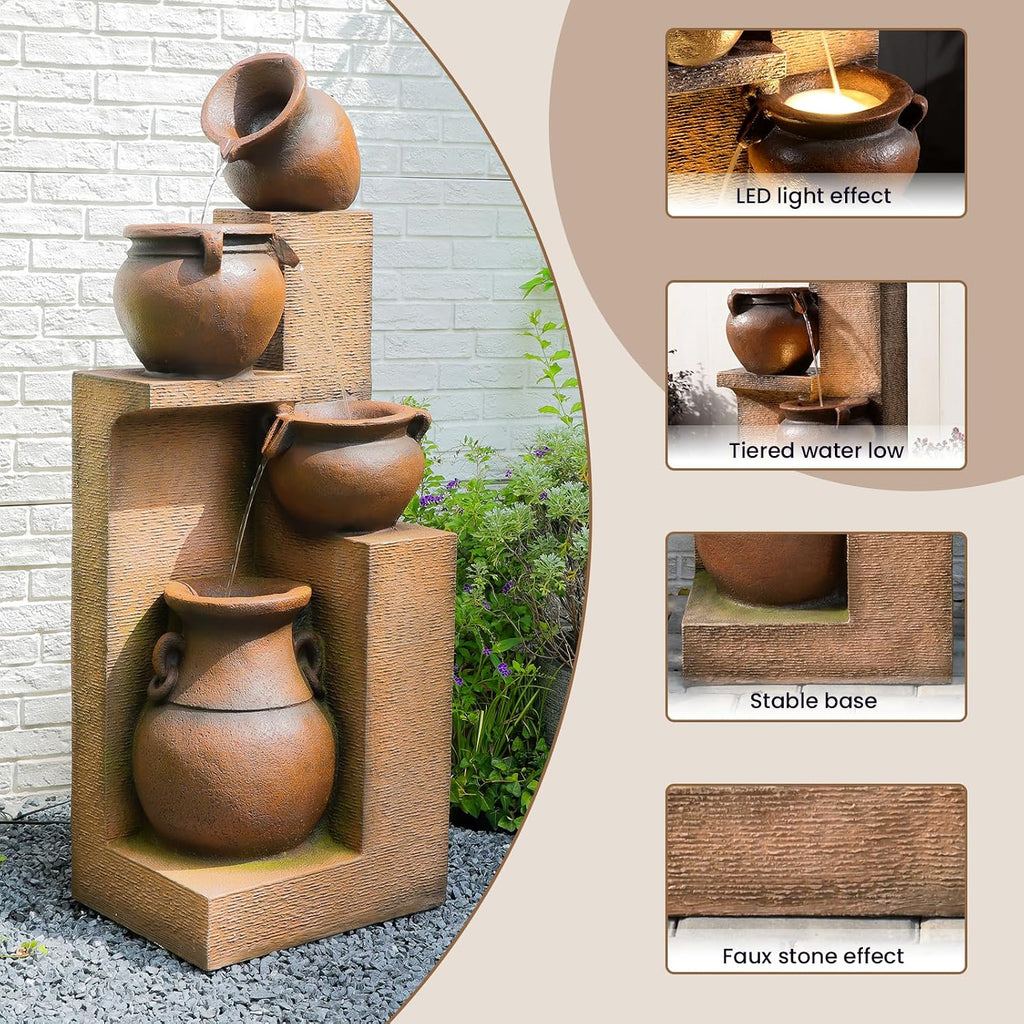 Resin Outdoor Water Fountain 4-Tier Jar Waterfall - Quiet Pump, LED Lights, Rustic Jar Cascading Water Feature for Garden Patio Backyard Decor, 53' H Fountain, Gold