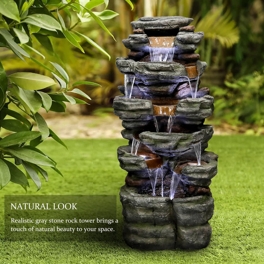 SunJet 47.2' High 6-Tiers Cascading Rock Outdoor Water Fountain with LED Lights - Large Outdoor Fountains and Waterfalls for Garden or Patio, Yard, and Deck Decor, Featuring Natural Stone Look