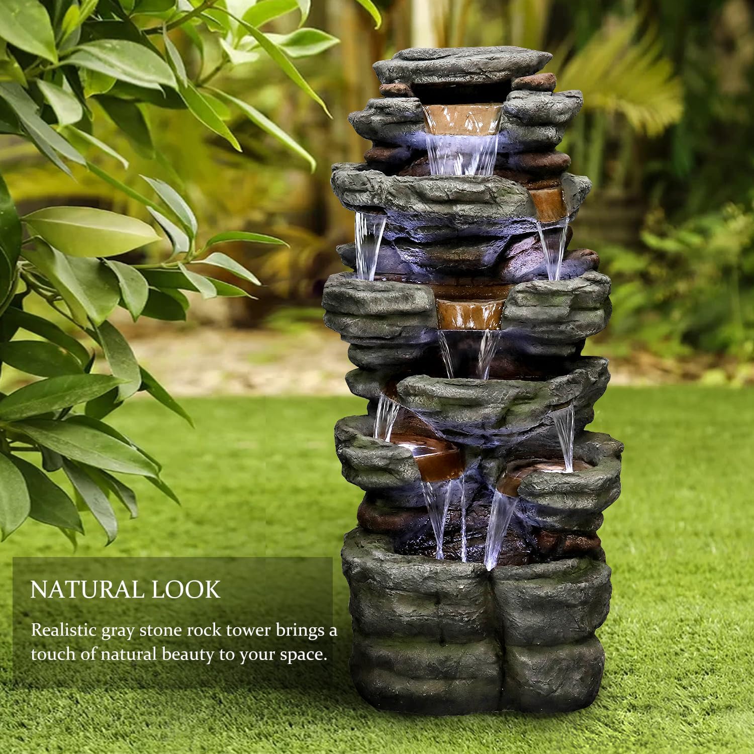 SunJet 47.2' High 6-Tiers Cascading Rock Outdoor Water Fountain with LED Lights - Large Outdoor Fountains and Waterfalls for Garden or Patio, Yard, and Deck Decor, Featuring Natural Stone Look
