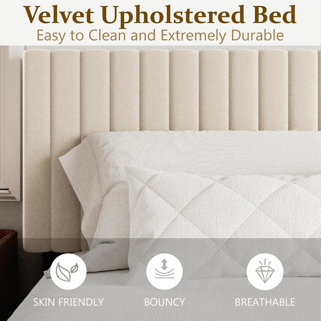 Sismplly Full Size Bed Frame with Velvet Upholstered Headboard, Platform Bed with Strong Wood Slats, Mattress Foundation, Box Spring Optional, Easy Assembly, Beige