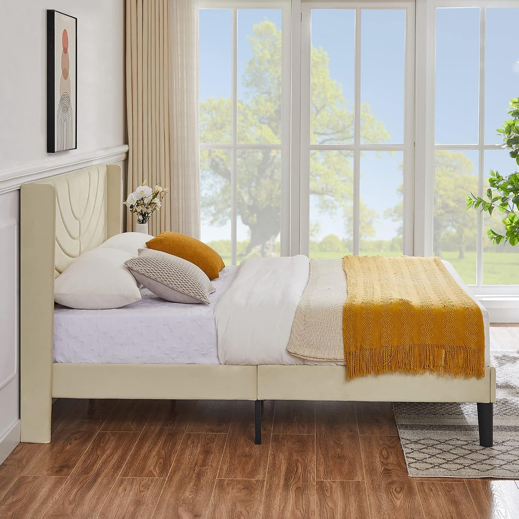 VECELO Queen Size Upholstered Platform Bed Frame with Fabric Headboard,Wooden Slats Support/No Box Spring Needed/Mattress Foundation/Easy Assembly,Beige