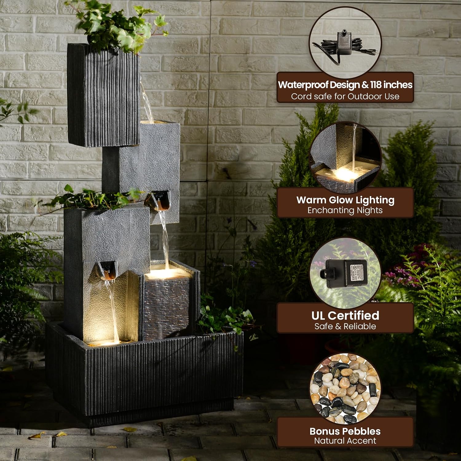Tankana 42' H Outdoor Water Fountain Garden Waterfalls - Large Water Feature Geometric Stacking Waterfall Fountains Planter with Lights for Patio Backyard Deck Porch Deck and Home Decor, Gray