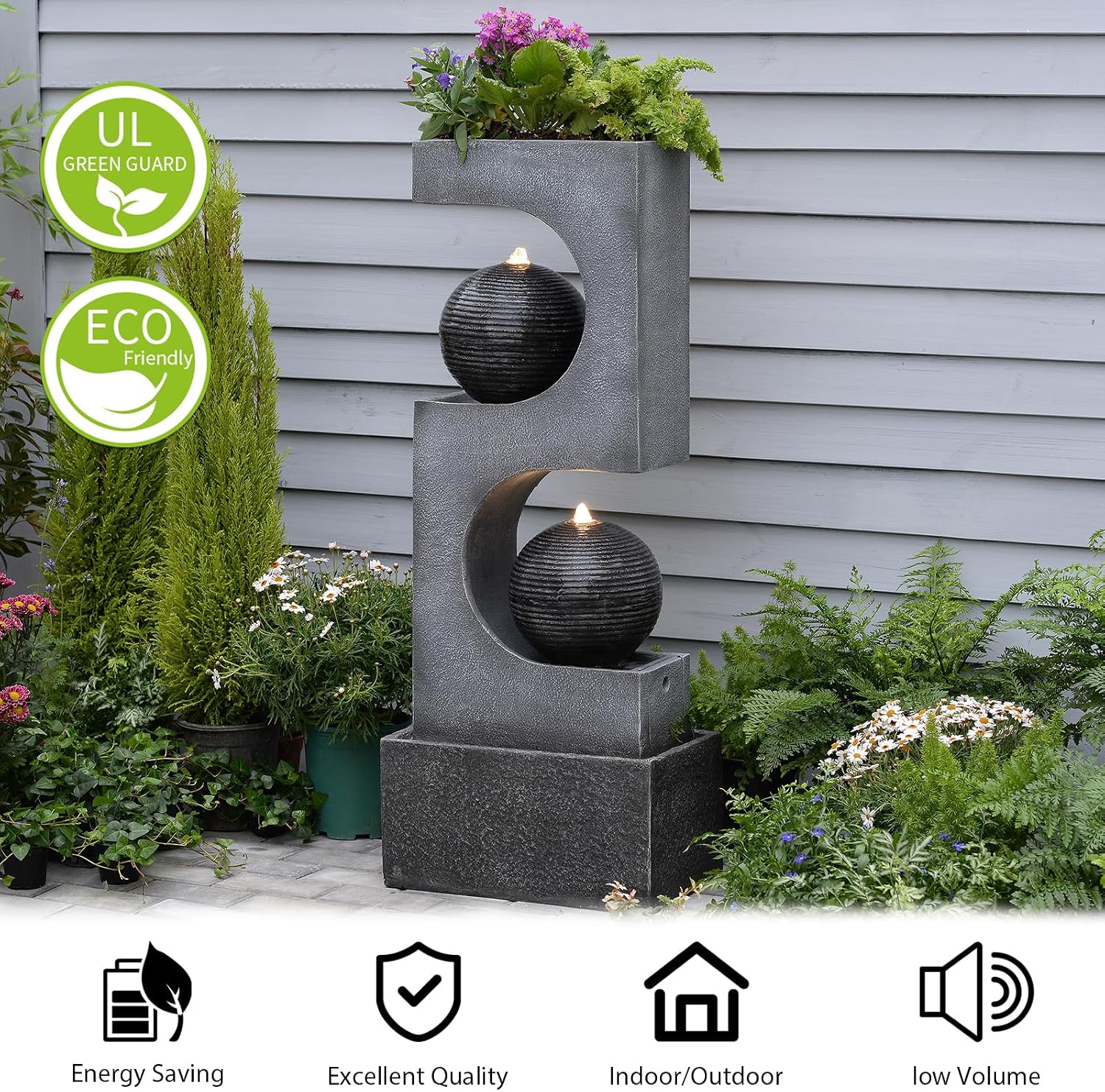 46''Tall Outdoor Water Fountain Water Garden Zen Fountains Indoor with Led Lights,Modern Sphere Curve for Garden Patio Yard Deck Home Decor Lawn Porch House