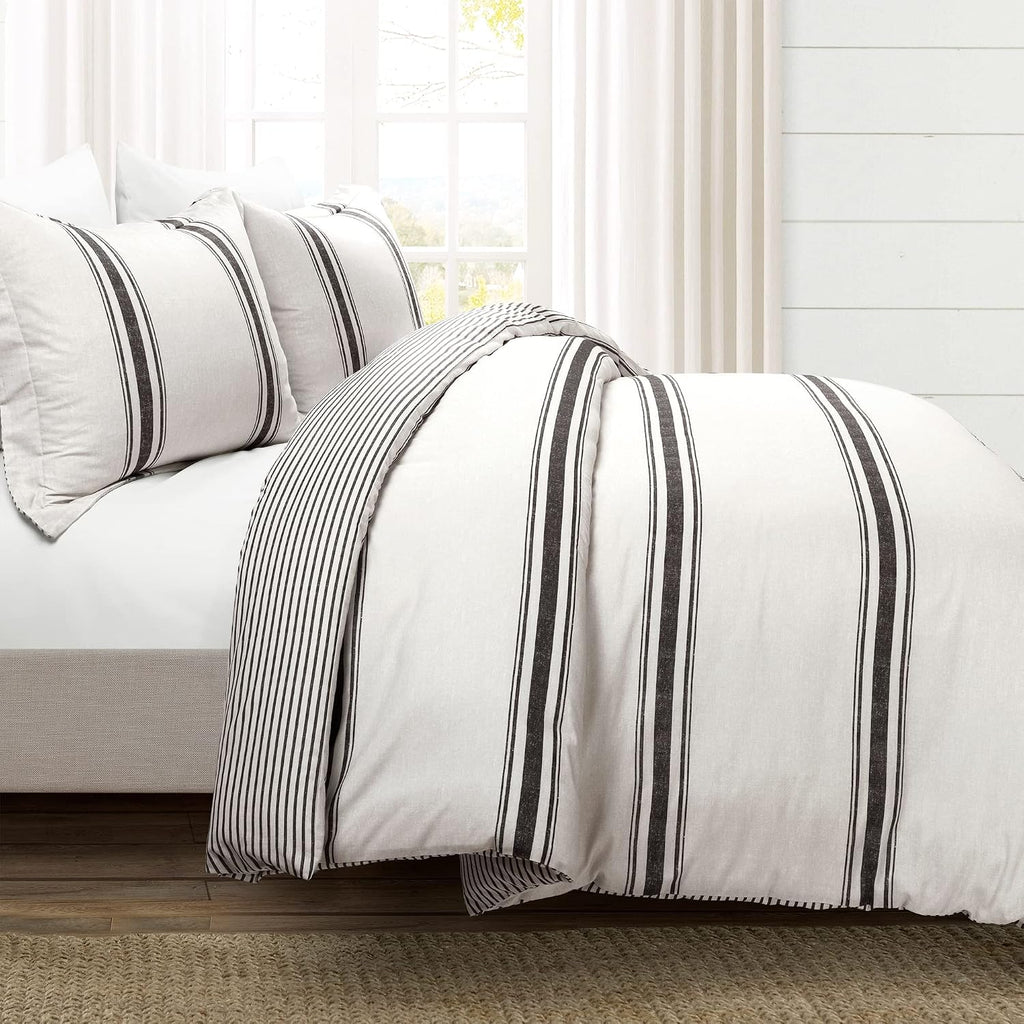 Lush Decor Farmhouse Stripe Reversible Cotton Duvet Cover King Size 3 Piece Set Black - Farmhouse Bedding Set King - Striped Duvet Cover
