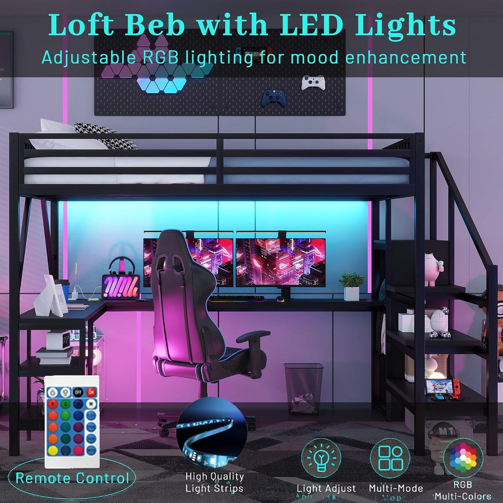 Queen Size Loft Bed with Stairs and Desk, Gaming Loft Beds with RGB LED Light and Storage Shelf, Heavy-duty Metal Loft Bed Frame with Wardrobe, Charging Station for Adults Kids Teens, Black