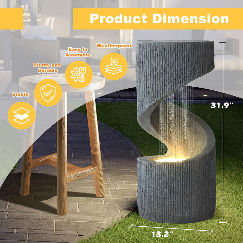MAGIC UNION Outdoor S-Shaped Water Fountain, Spiral Waterfall Indoor Fountain Outside Garden Decor with LED Lights & Pump, Curved Patio Resin Fountains for Yard, Deck, Porch and Home Decorations