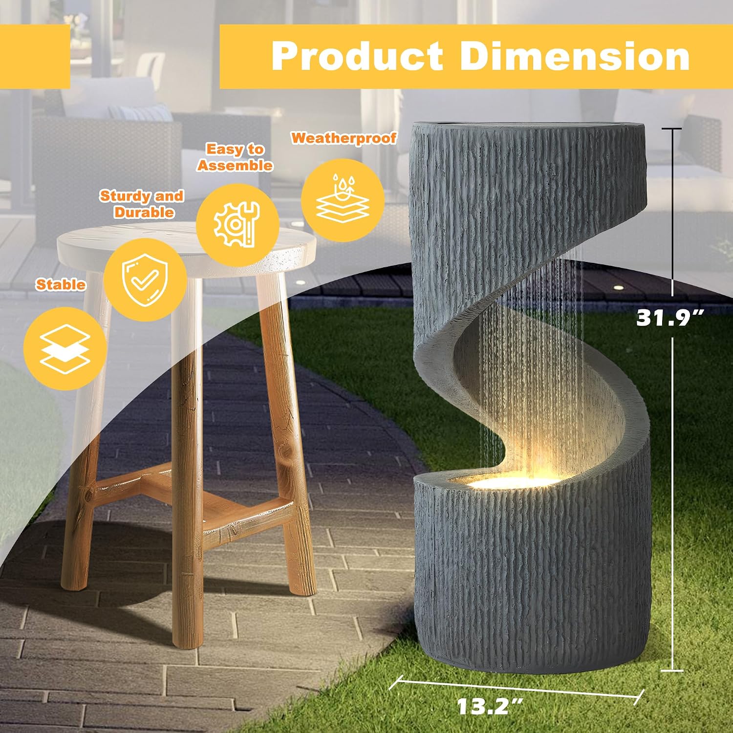 MAGIC UNION Outdoor S-Shaped Water Fountain, Spiral Waterfall Indoor Fountain Outside Garden Decor with LED Lights & Pump, Curved Patio Resin Fountains for Yard, Deck, Porch and Home Decorations