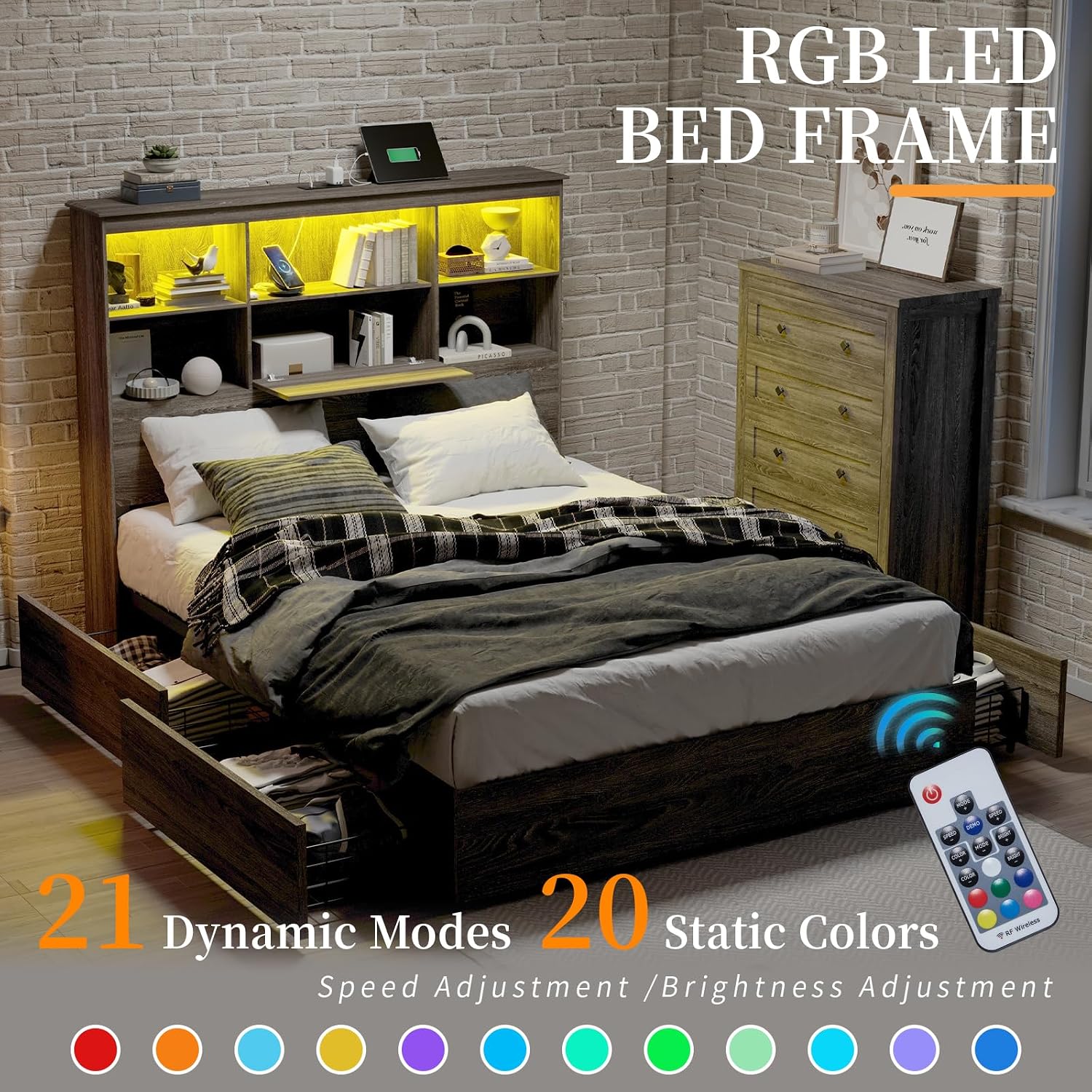 LUXOAK King Size Bed Frame with LED Bookcase Headboard, Wooden Storage Bed with Charging Station & 4 Drawers, No Box Spring Needed/Noise-Free/Rustic Grey