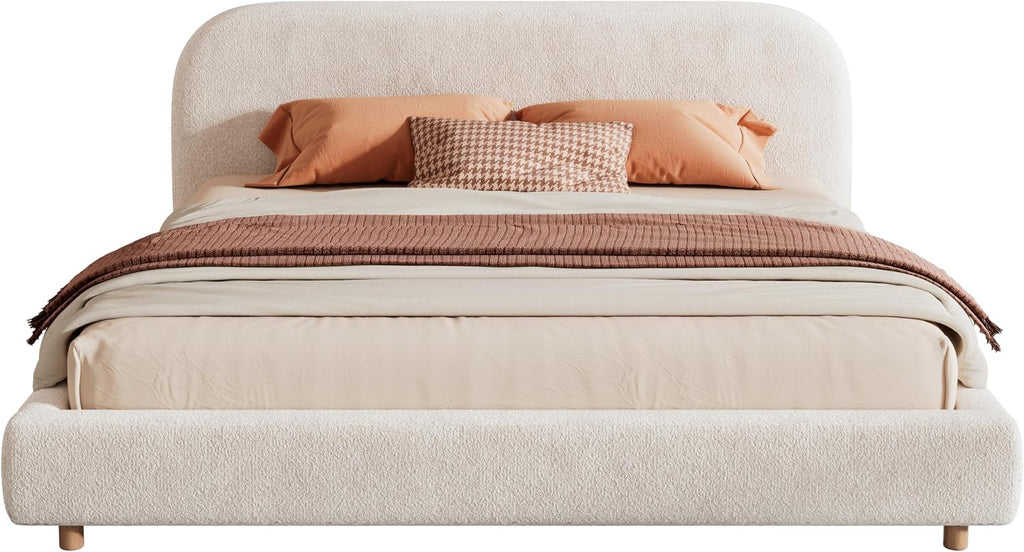 JIVOIT King Size Platform Bed with Curve-Shaped Design Headboard, Boucle Fabric Upholstered Platform Bed with Strong Support, Modern Bed Frame, No Box Spring Needed, Easy Assembly (White,King,8)