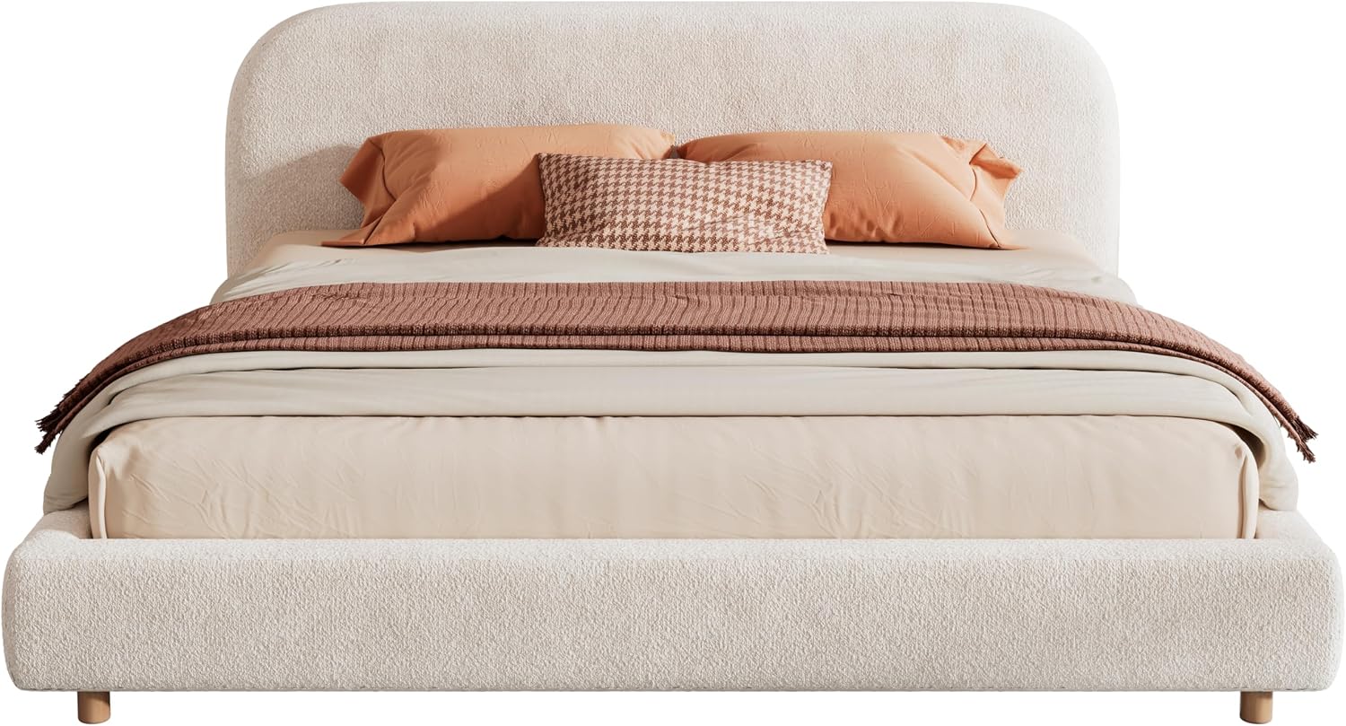 JIVOIT King Size Platform Bed with Curve-Shaped Design Headboard, Boucle Fabric Upholstered Platform Bed with Strong Support, Modern Bed Frame, No Box Spring Needed, Easy Assembly (White,King,8)