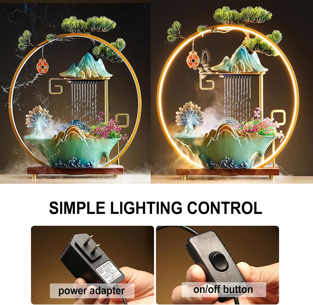 Peacock Tabletop Indoor Waterfall Fountain, Incense Burner, Feng Shui Decor for Good Luck Wealth, Ceramic Fountain with LED Light Zen Decor for Meditation and Relaxation