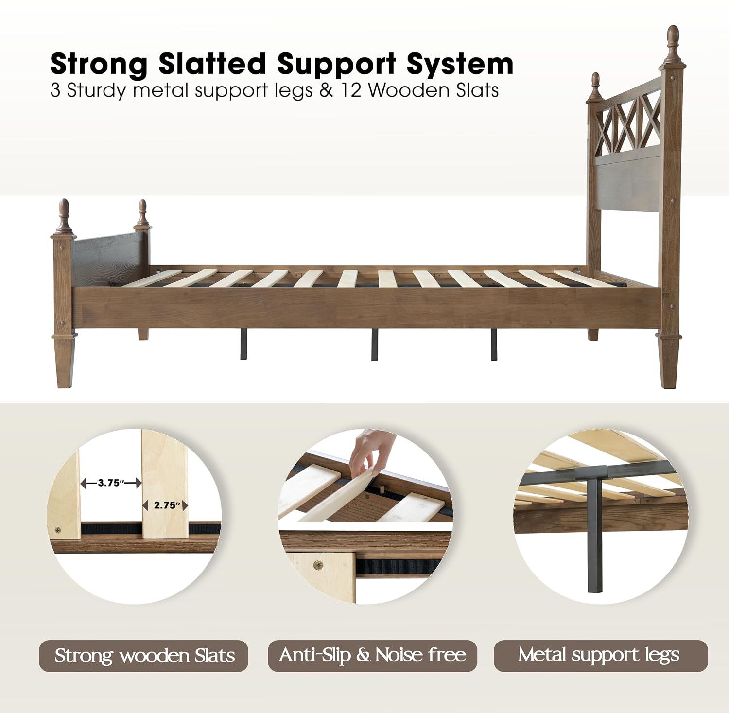 King Size Solid Wood Bed Frame, Platform Bed with Headboard & Footboard, 12 Heavy-Duty Slatted Base with Metal Legs, No Box Spring Needed, Noise-Free & Anti-Slip, Easy Assembly, Barnwood Finish RIK-30
