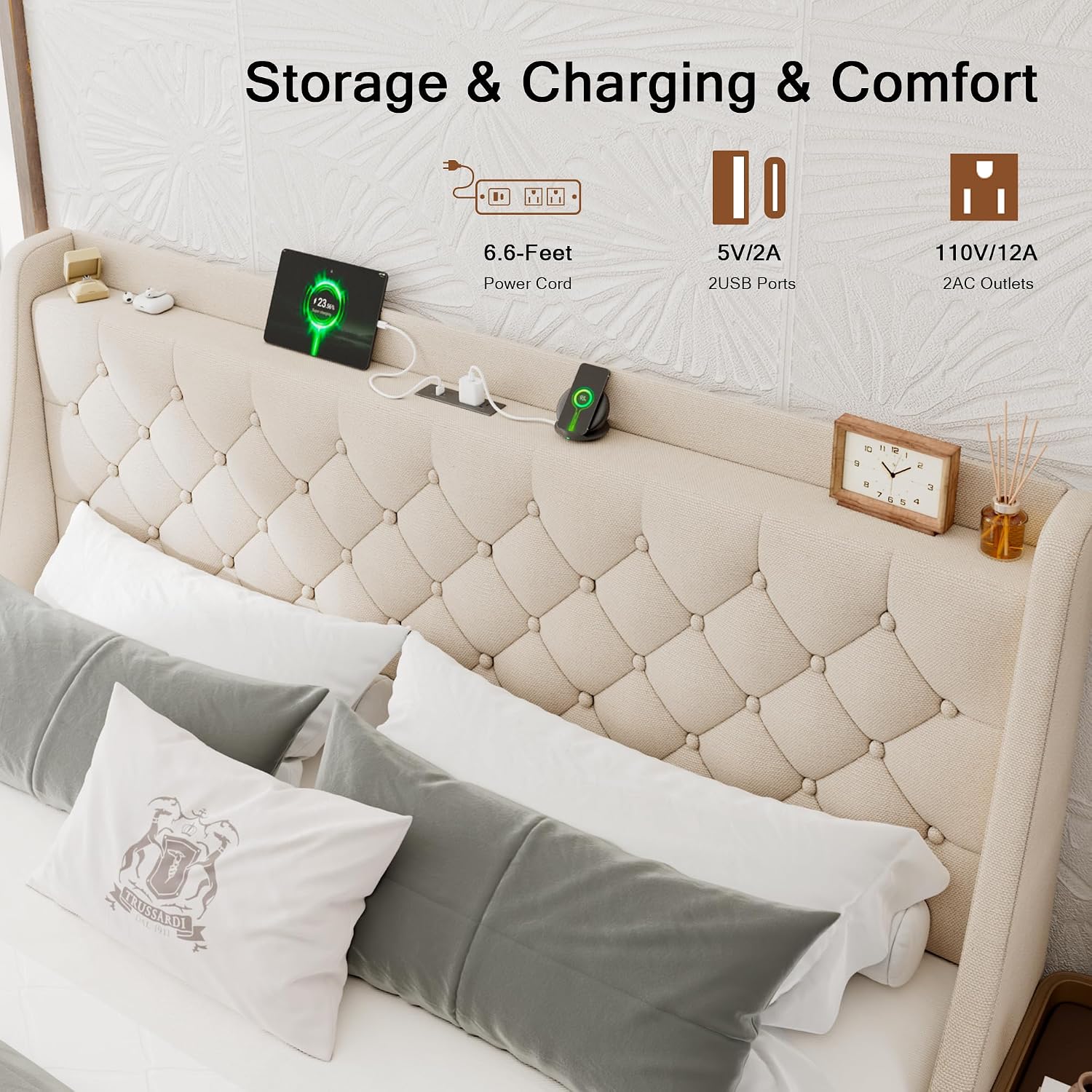 Einhomn Upholstered King Size Bed Frame with 4 Storage Drawers, Modern Platform Bed with Wingback Headboard, Charging Station, No Box Spring Needed, Beige