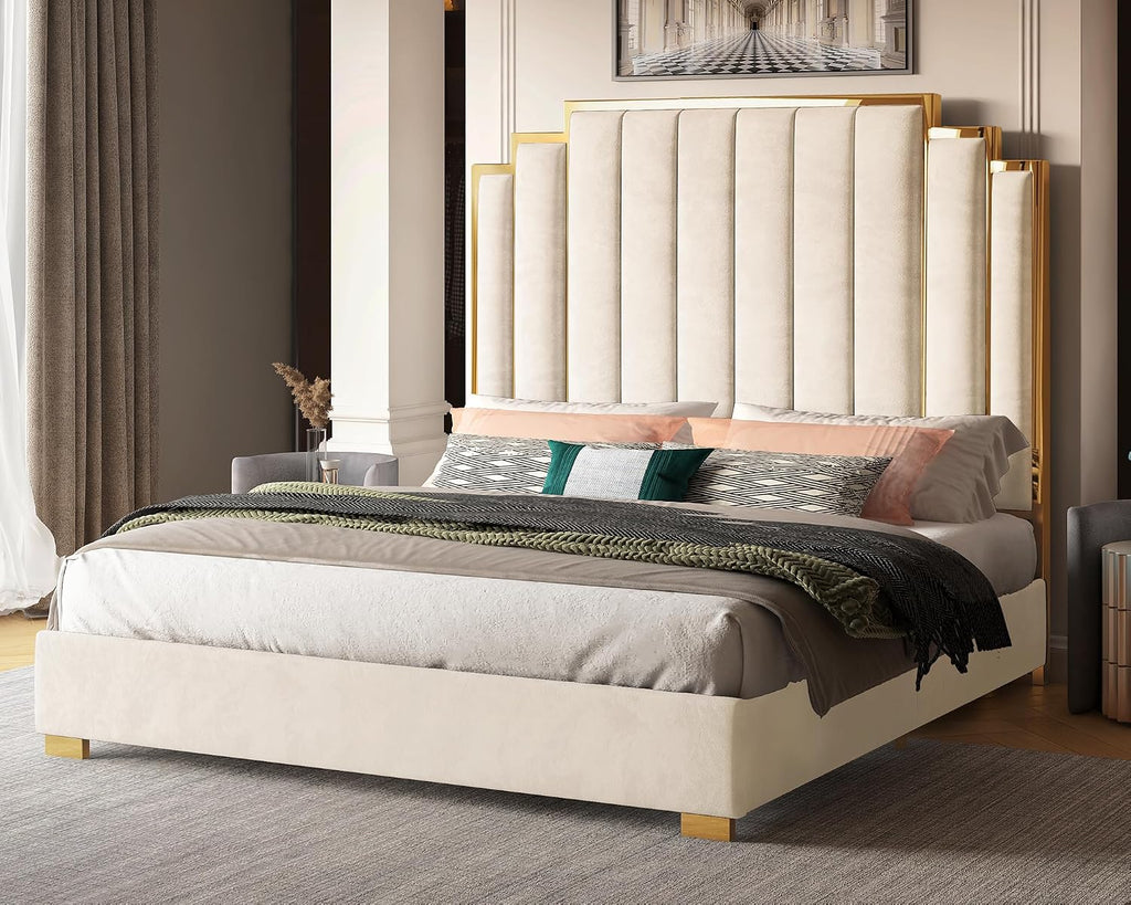 Albott King Size Platform Bed Frame, 65' Velvet Upholstered Bed with Gold Trim Headboard/Wooden Slats/No Box Spring Needed/Cream
