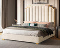 Albott King Size Platform Bed Frame, 65' Velvet Upholstered Bed with Gold Trim Headboard/Wooden Slats/No Box Spring Needed/Cream