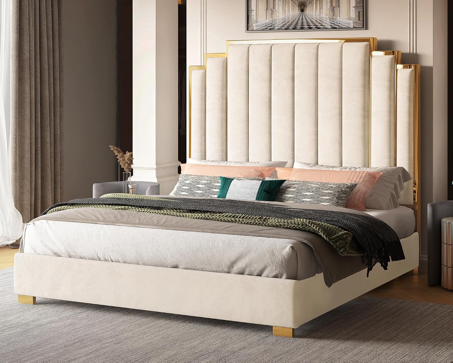 Albott King Size Platform Bed Frame, 65' Velvet Upholstered Bed with Gold Trim Headboard/Wooden Slats/No Box Spring Needed/Cream
