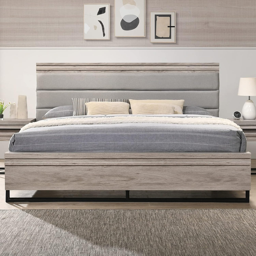 Roundhill Furniture Alvear Upholstered Wood Panel Bed, Dresser, Mirror, Nightstand, and Chest, King, Weathered Gray