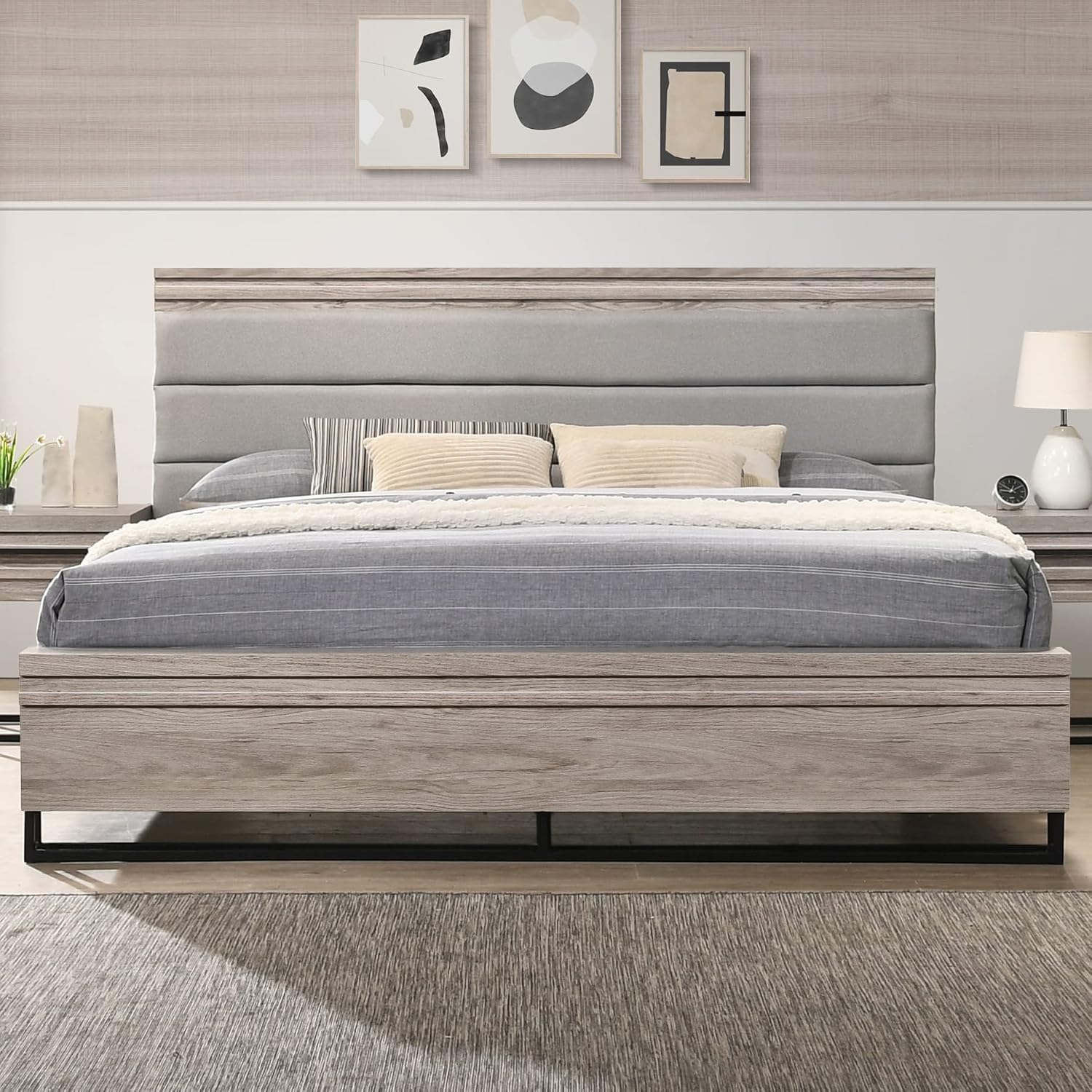 Roundhill Furniture Alvear Upholstered Wood Panel Bed, Dresser, Mirror, Nightstand, and Chest, King, Weathered Gray