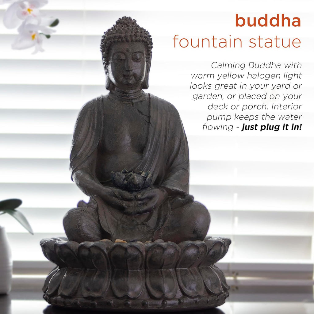 Alpine Corporation GEM178 Indoor Tabletop Meditating Buddha Water Fountain with LED Lights and Lotus Flower, 19', Beige